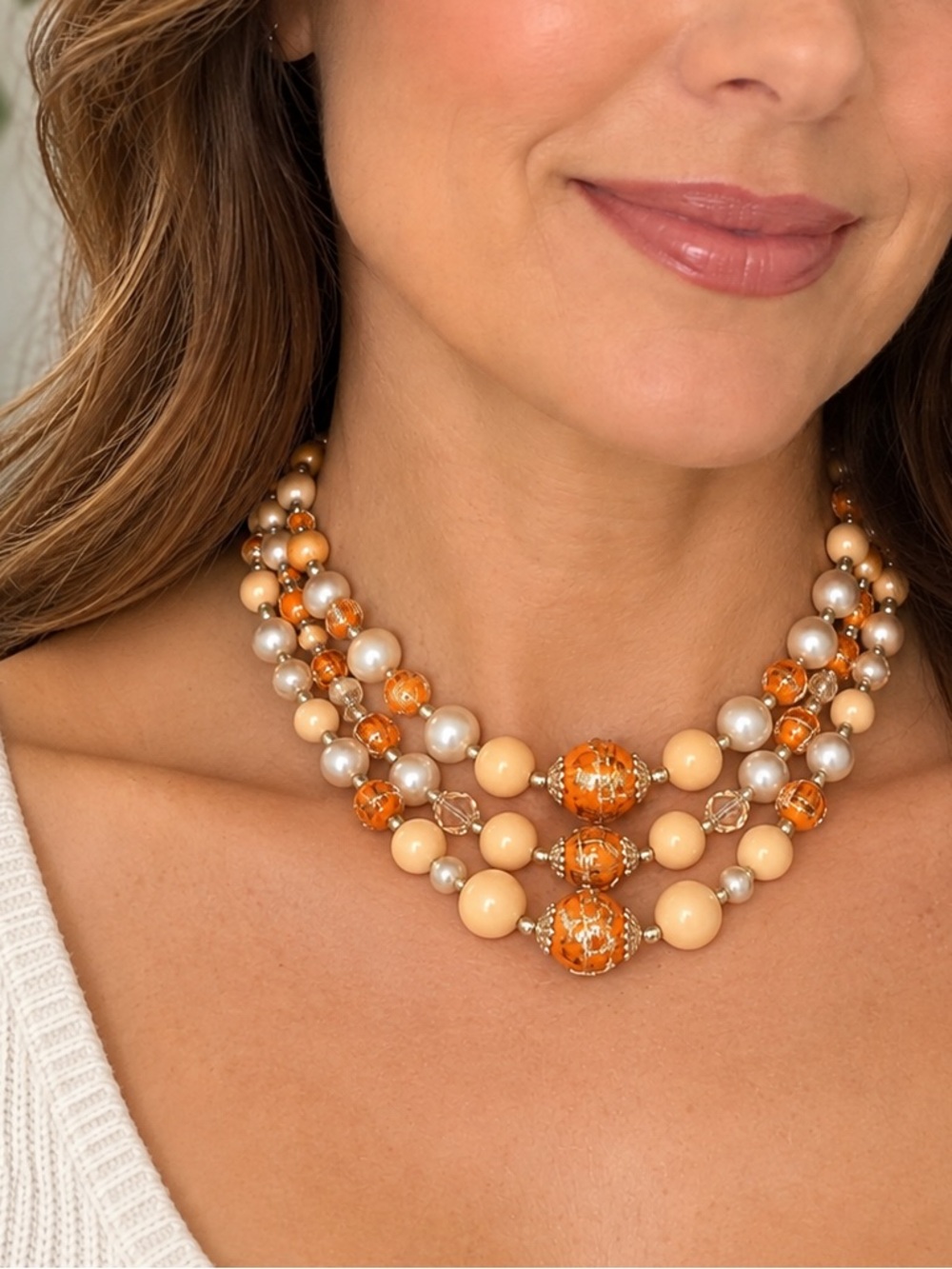 Vintage 3 Strand Orange Cream Faux Pearl Beaded Statement Necklace